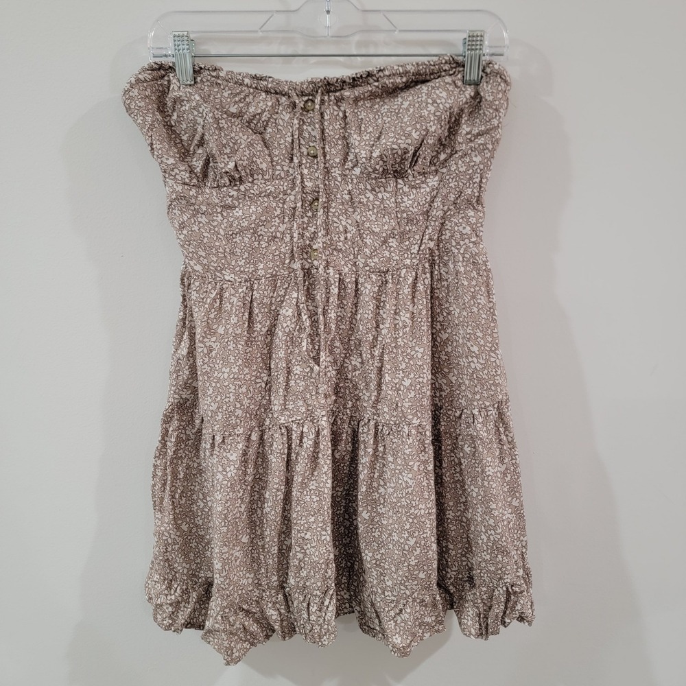 Y2K Strapless Babydoll Mini Dress Size Large Brown Floral Dainty Milkmaid Smock